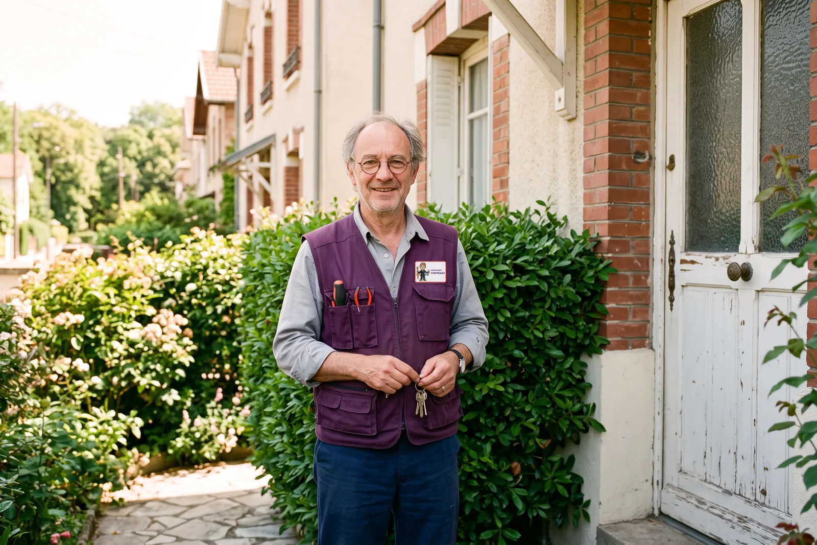 Votre serrurier à Fontenay-sous-Bois devant la porte d'une maison, gilet de travail aux couleurs de Serrurier Fontenay-sous-Bois