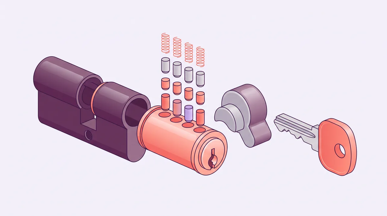 Illustration éclatée d'un cylindre européen : corps, rotor, goupilles et clé