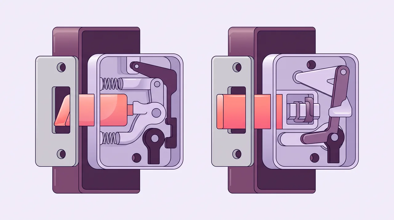 Comparaison illustrée d'une porte claquée et d'une porte fermée à clé vues en coupe