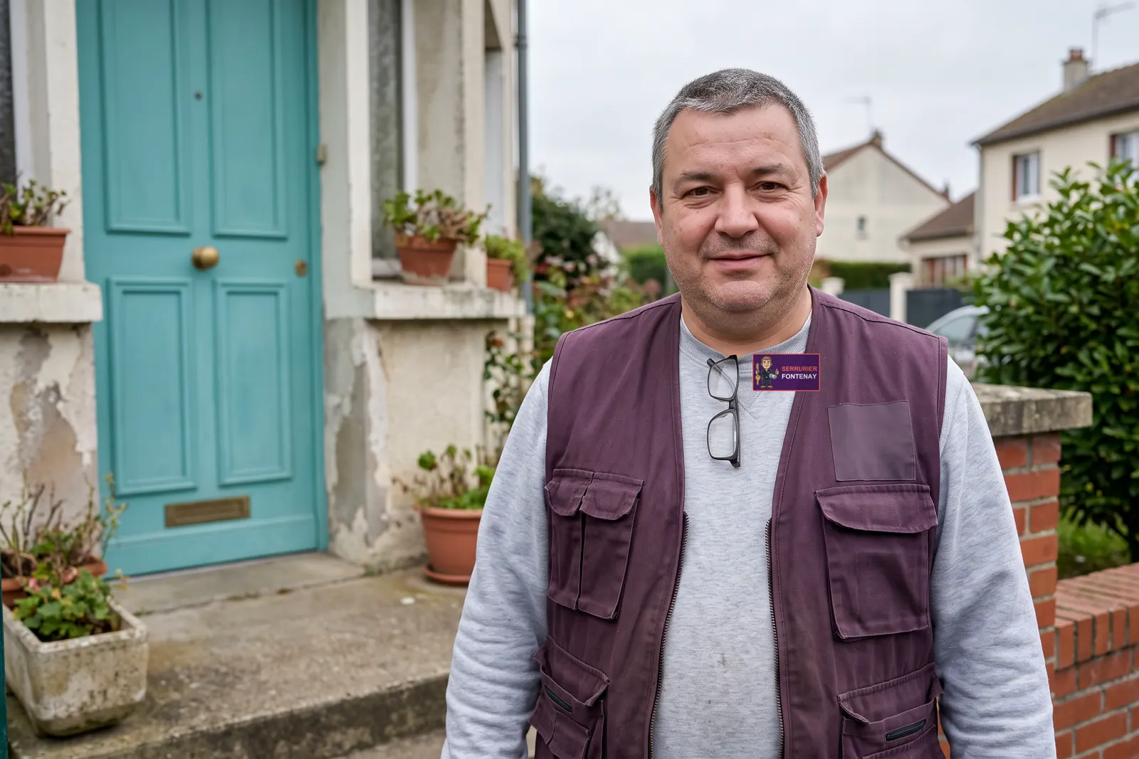 Votre serrurier à Fontenay-sous-Bois devant la porte d'une maison, gilet de travail avec l'écusson Serrurier Fontenay-sous-Bois